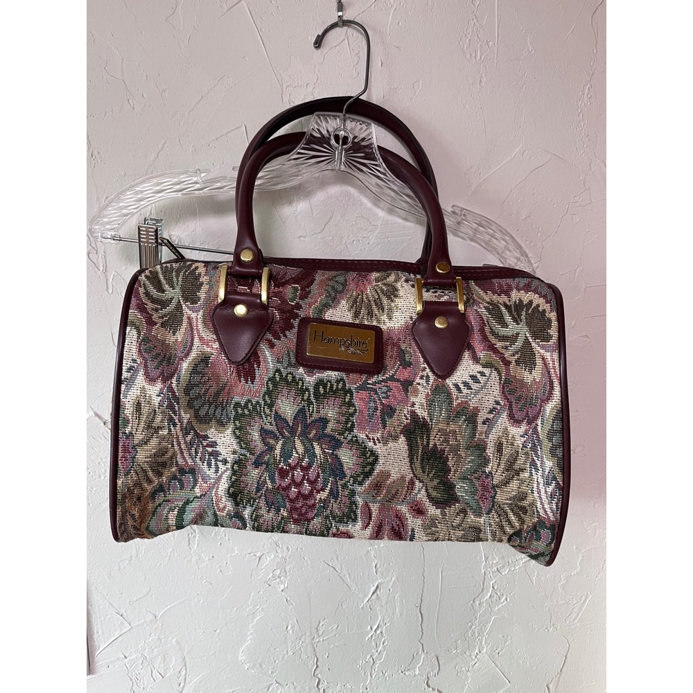 Hampshire Vintage‎ Floral Tapestry Satchel Bag Burgundy Faux Leather Trim Gold
